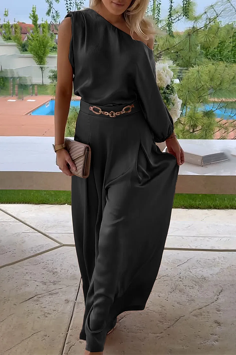 Women'S Casual One Shoulder Top & Wide Leg Pants Set