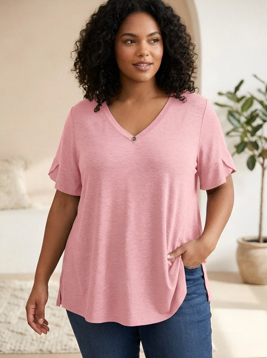 Women's Plus Size Grey Ruffle Sleeve V-Neck Loose T-Shirt