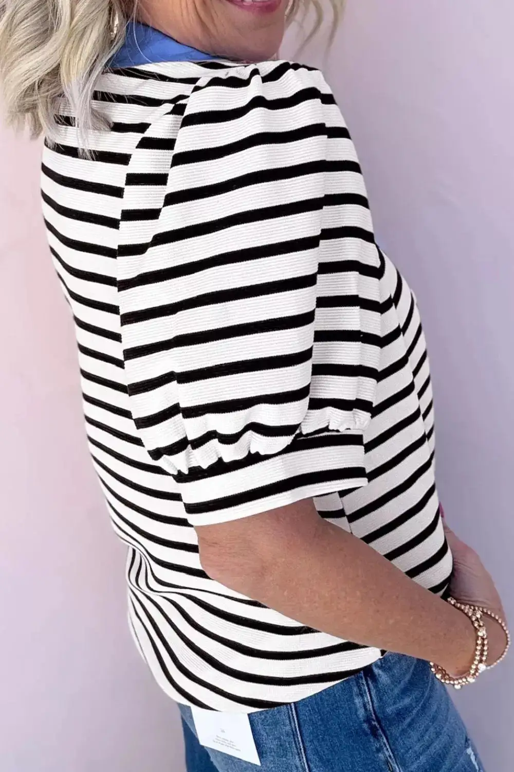 Striped Puff Sleeve Blouse Contrast Collar