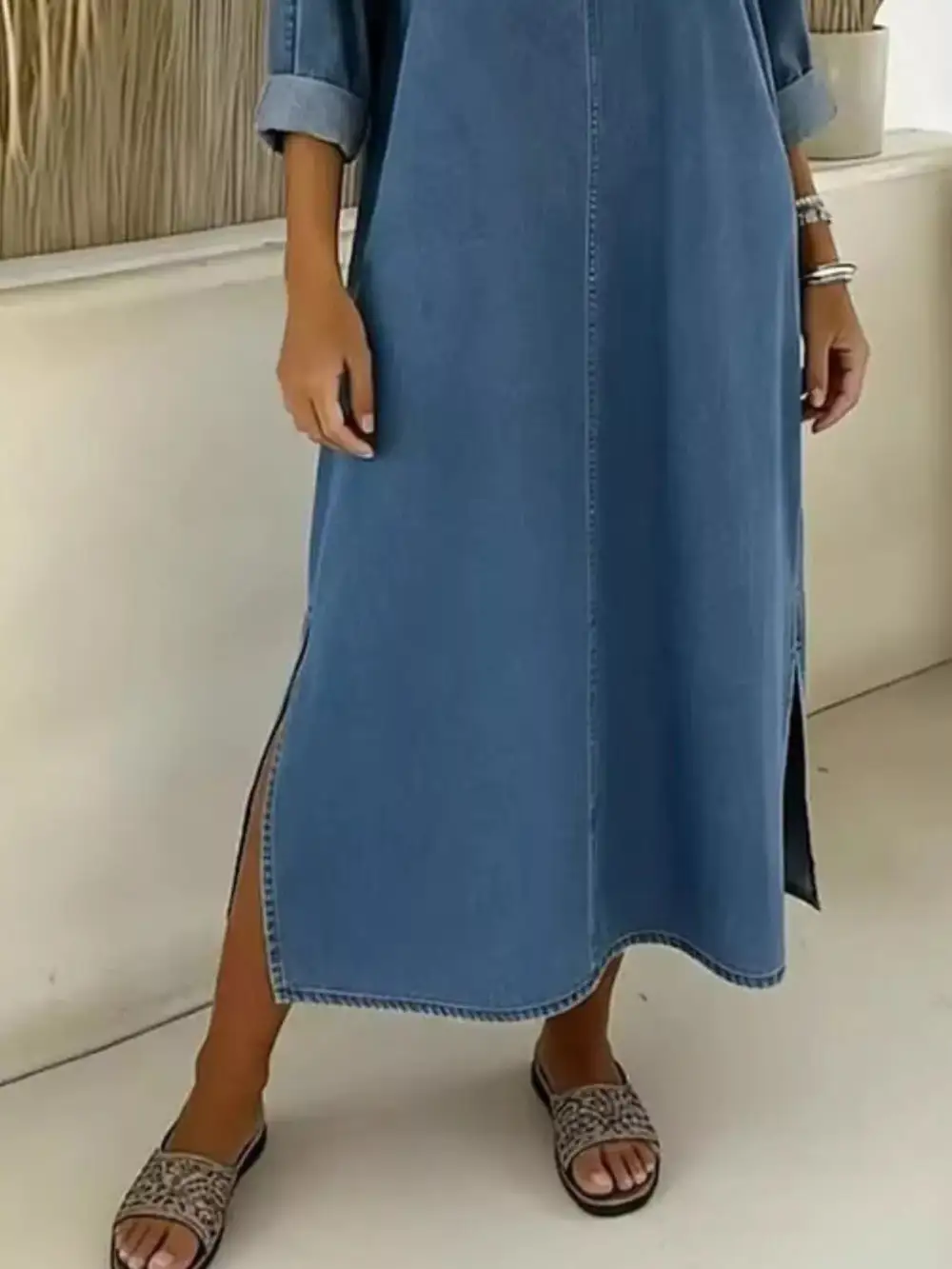 Side Slit V-Neck Midi Dress