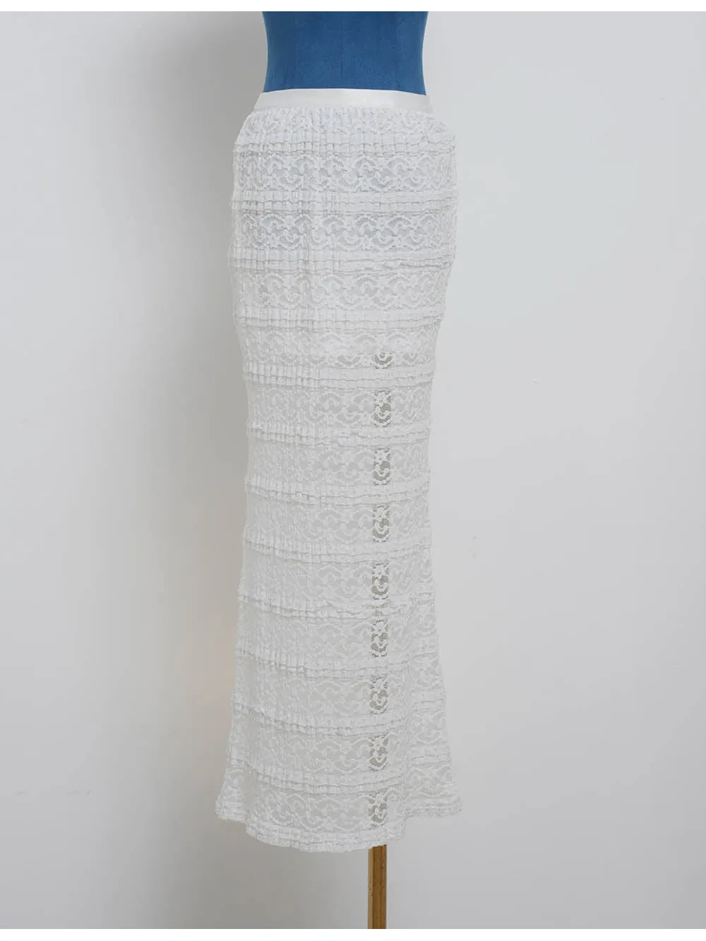 Tiered Ruffle Metallic Thread Trim Sheer Lace Maxi Skirt
