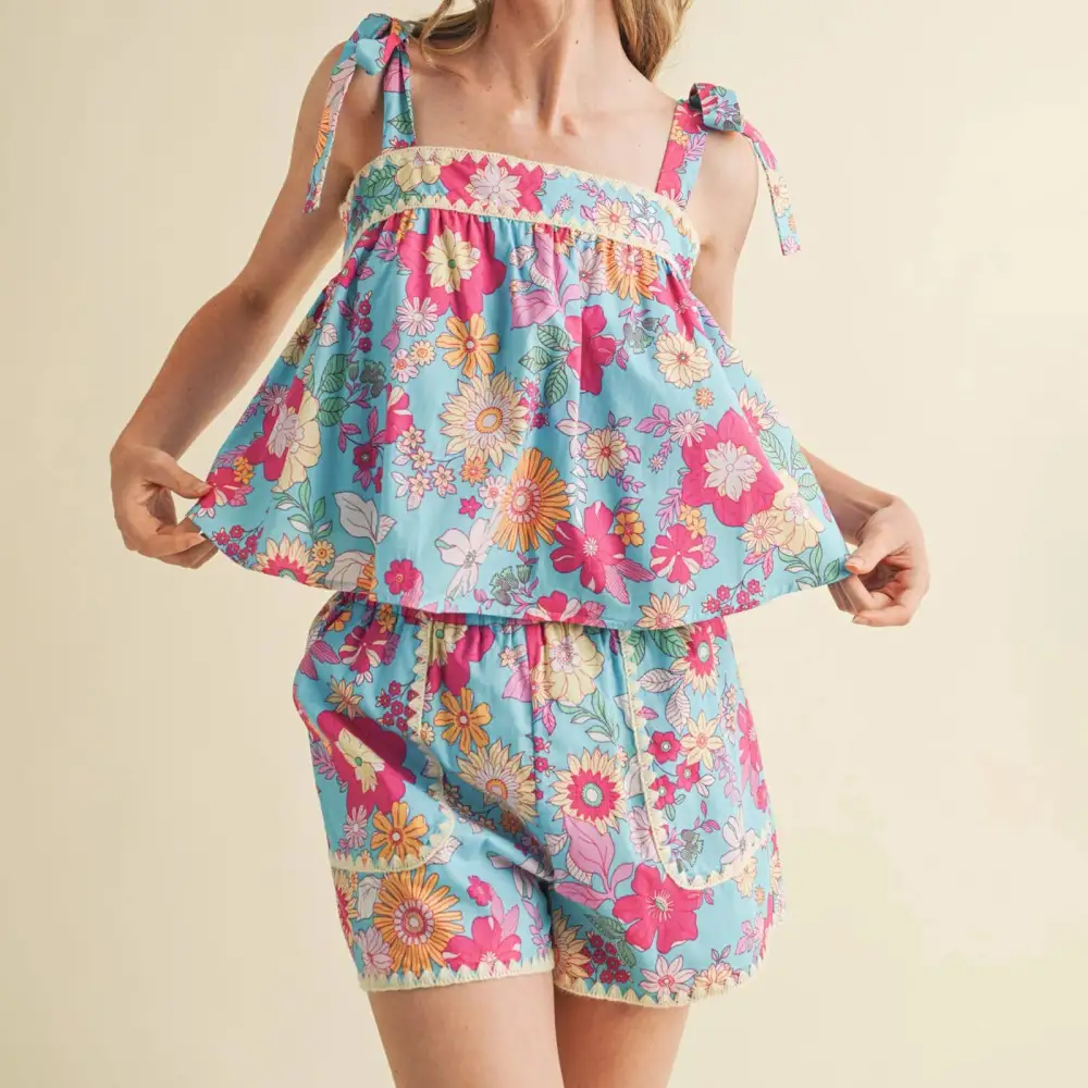 Floral Print Sleeveless Tie Up Tops with Shorts Lounge Set