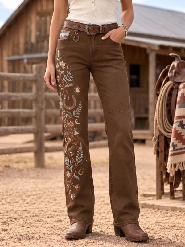 Women's Western Cowgirl Horseshoe Horse Floral Embroidery Floral Jeans
