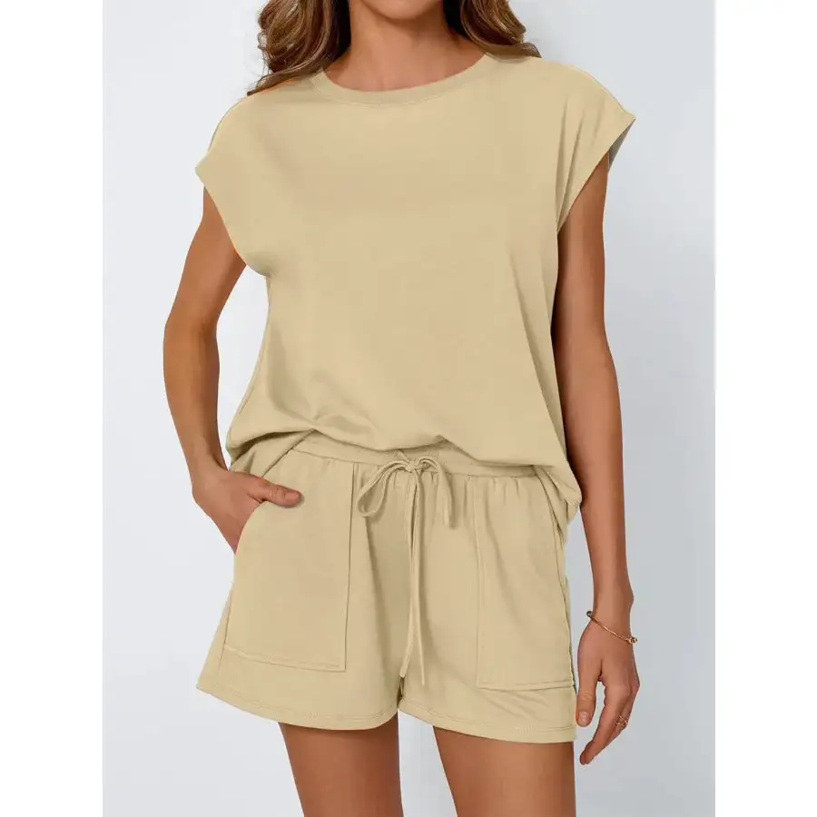 Round Neck Cap Sleeve Top and Shorts Set