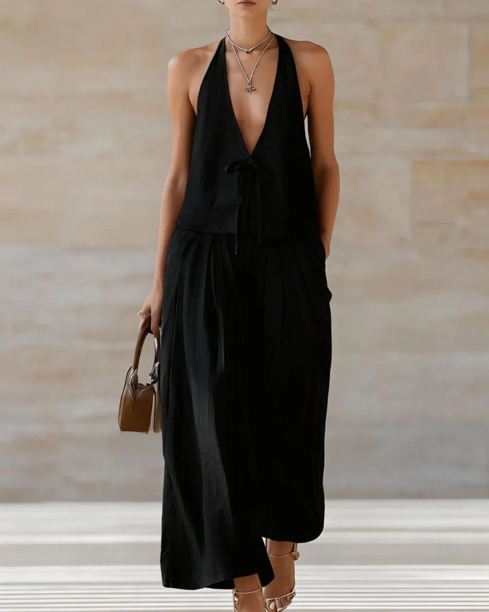Sleeveless Vest and Wide-Leg Pants Set Two-Piece Lace-Up Outfit