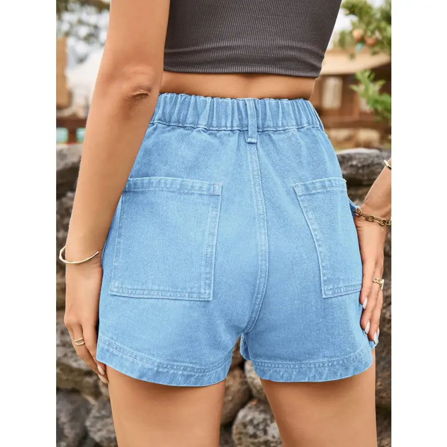 Textured High Waist Denim Shorts with Pockets