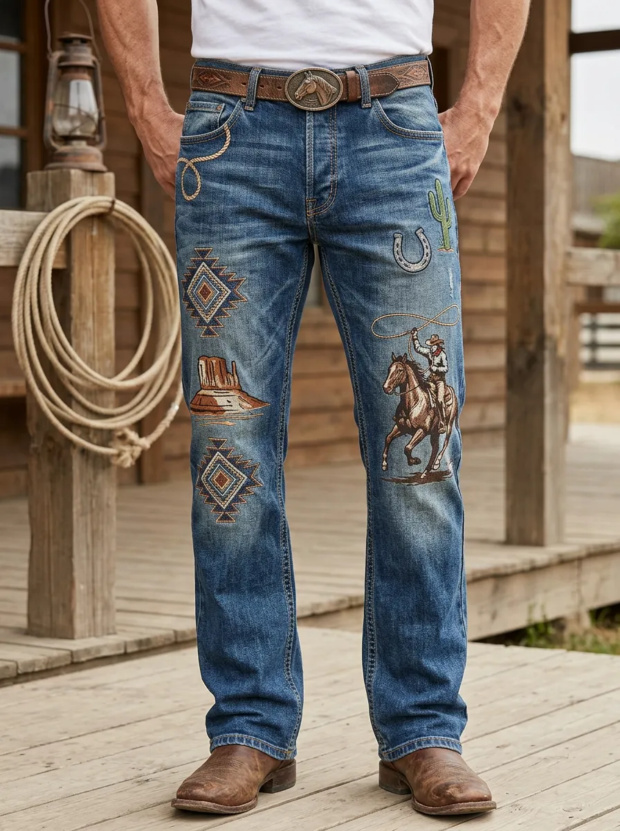 Men's Western Cowboy Rodeo Horse Cactus Jeans