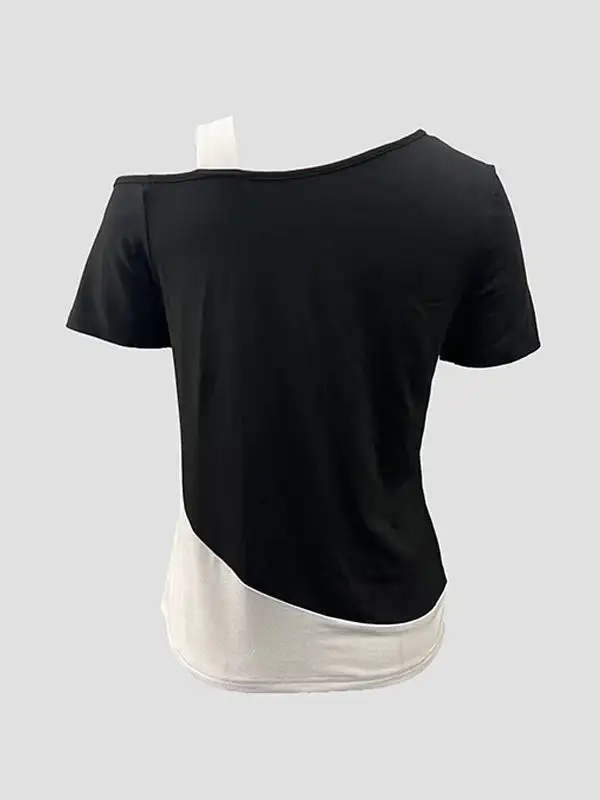 Relaxed Short Sleeve Asymmetric Contrast Panel Detail Cold Shoulder T-Shirt