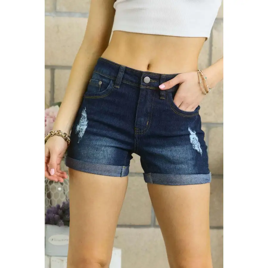 Distressed Roll Up Denim Shorts with Pockets