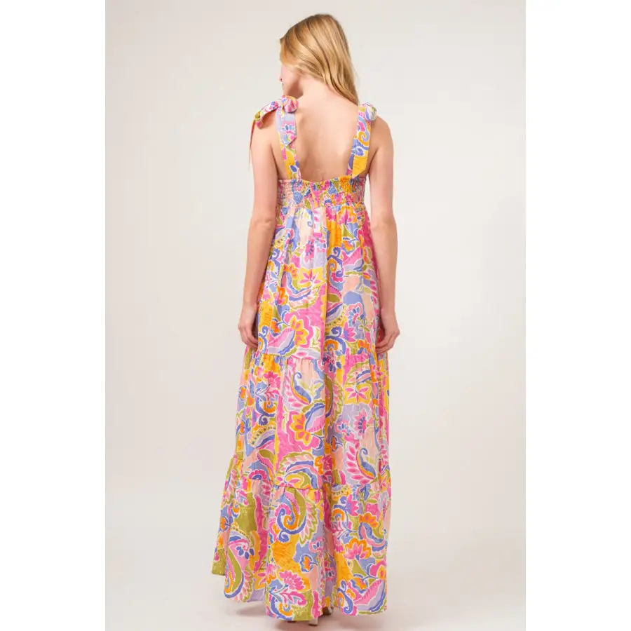 And The Why Full Size Printed Tie Shoulder Tiered Maxi Dress