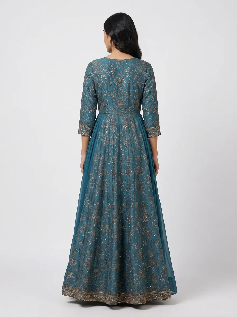 Women's Indian Floral Embroidered Sweetheart-Neck Sheer-Sleeve Anarkali Gown