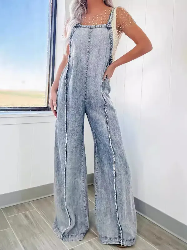 Vintage Washed Raw Edge Wide Leg Jumpsuit