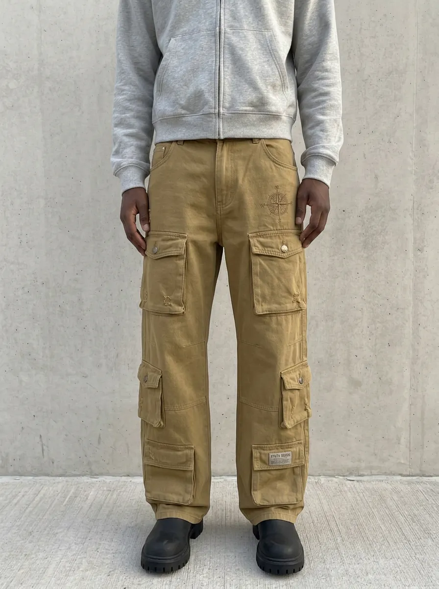 Men's Blue Washed Compass Detail Multi-Pocket Straight-Leg Denim Cargo Pants