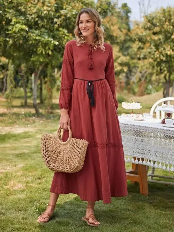 Luludress 2025 Tie Neck Lace Insert Belted Dress