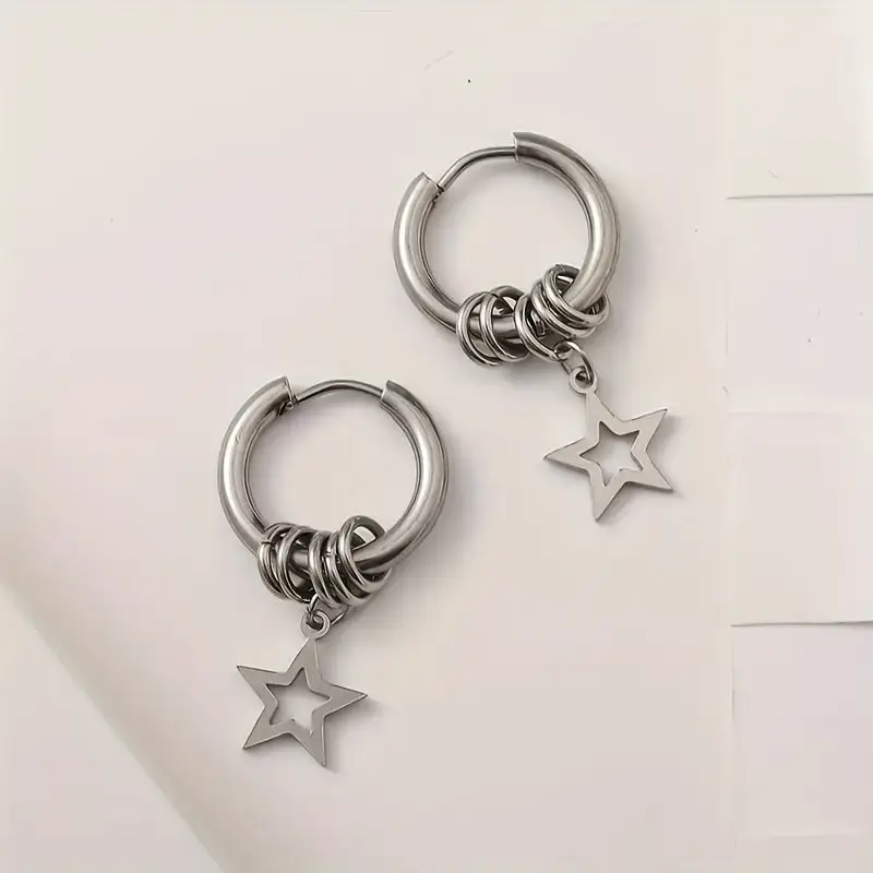 Star Stainless Steel Hoop Men's Earrings