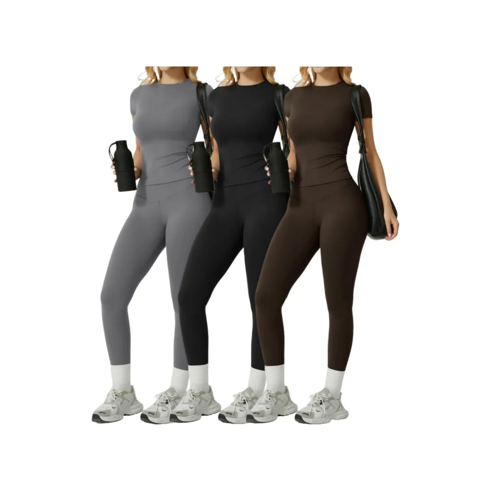 Women's Solid Ribbed Long Sleeve Tee & Leggings Sport Set