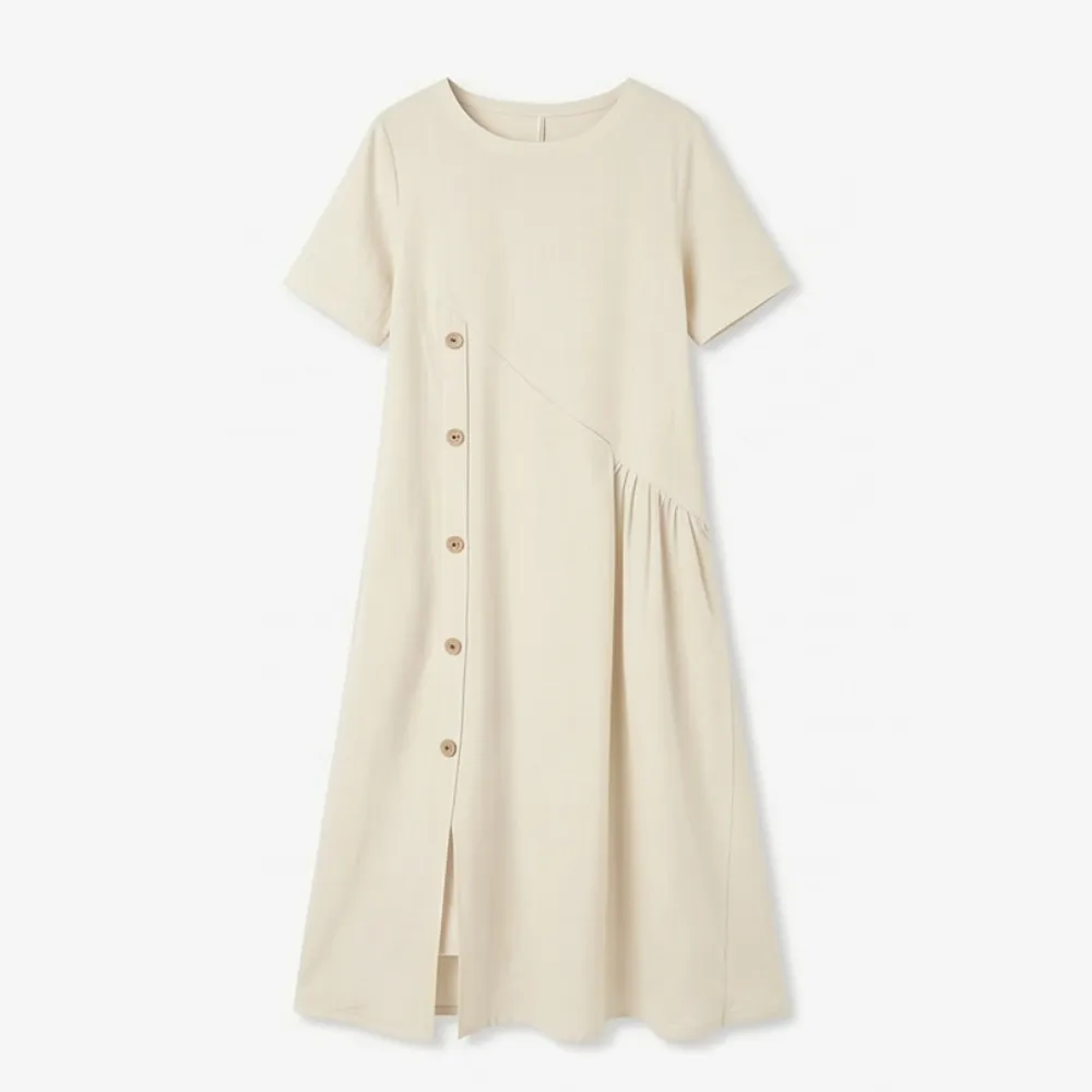 Button Front Linen Blend Cotton Blend Midi Dress