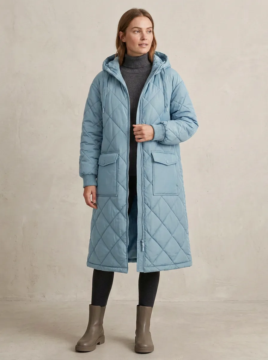 Daily-Layer Quilted Long Hooded Coat