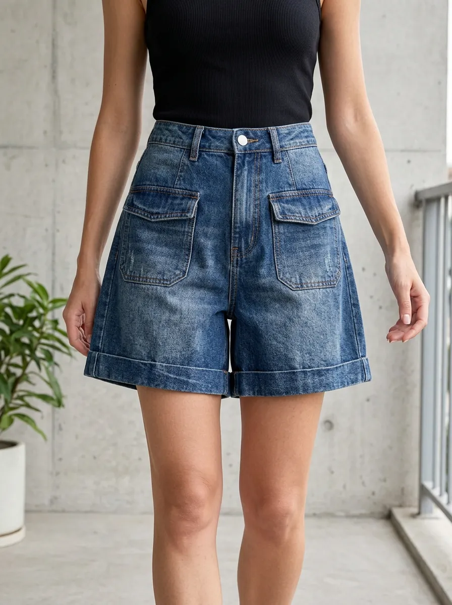 Women's High Waisted Cargo Pocket Rolled Hem Denim Shorts