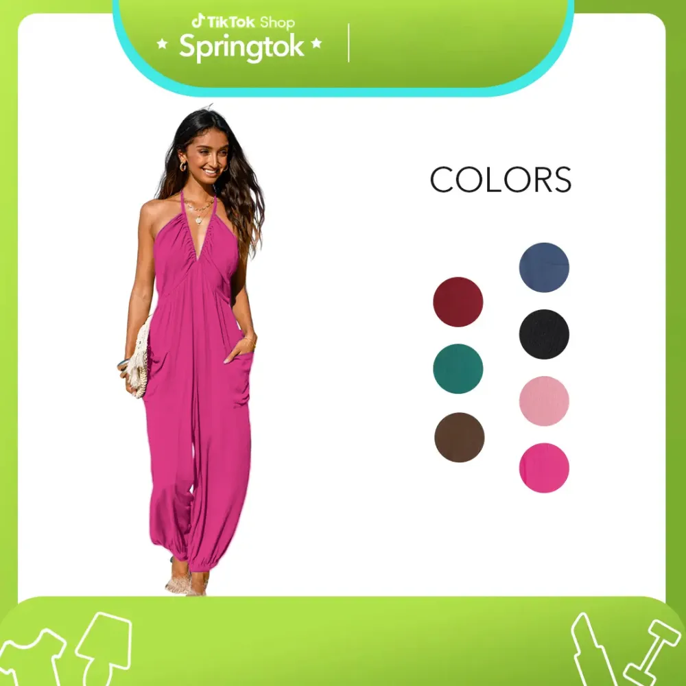 Women'S Basic Plunge Halter Sleeveless Pleated Long Romper Knit Jogger Maxi Jumpsuit With Pockets Spring Summer Womenswear Overalls