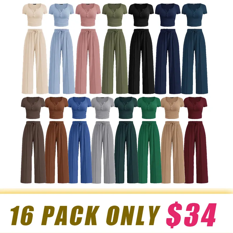 Women's two-piece summer ribbed knit button short-sleeve crop top and wide-leg pants
