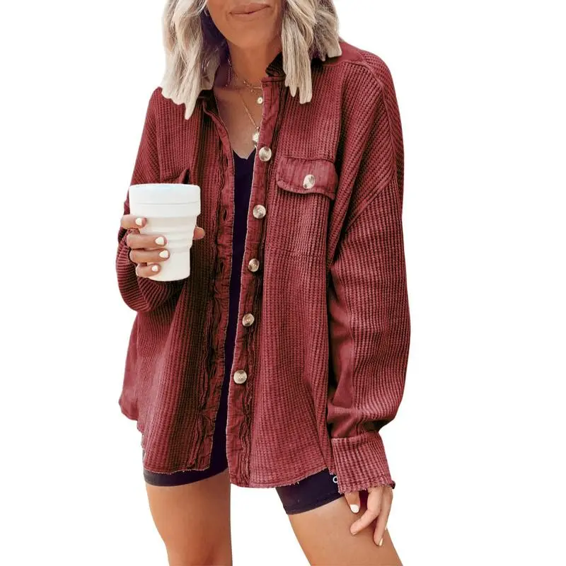 Women's Loose Fit Batwing Sleeve Waffle Knit Button Down Shirt Shacket Tops