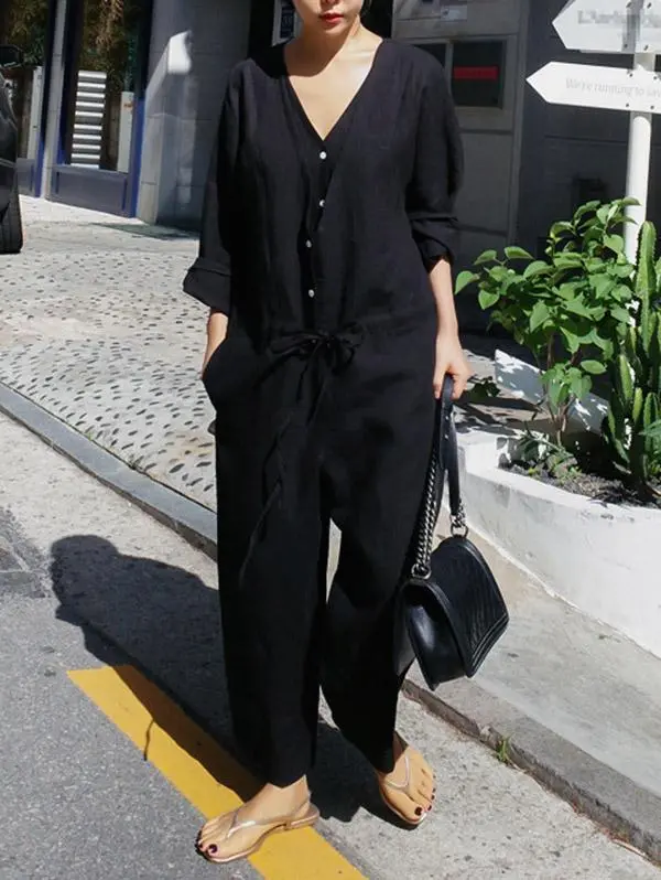 Casual Linnen Jumpsuit Met V Hals