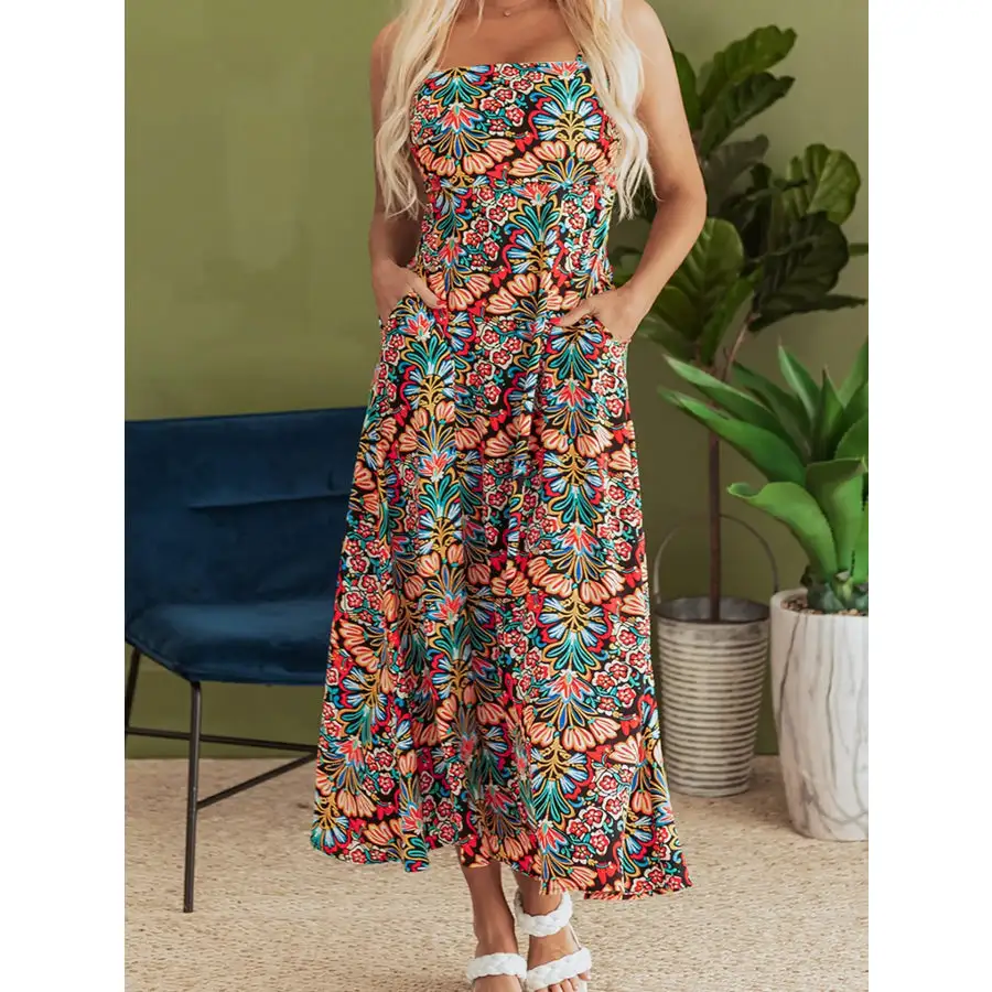 Floral Print Thin Straps High Waist Maxi Dress