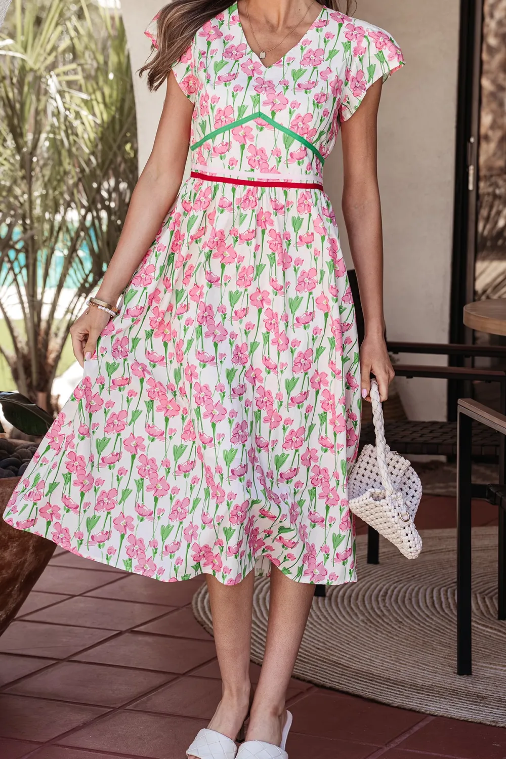 Floral Print Short Sleeve V Neck Contrast Trim Midi Dress