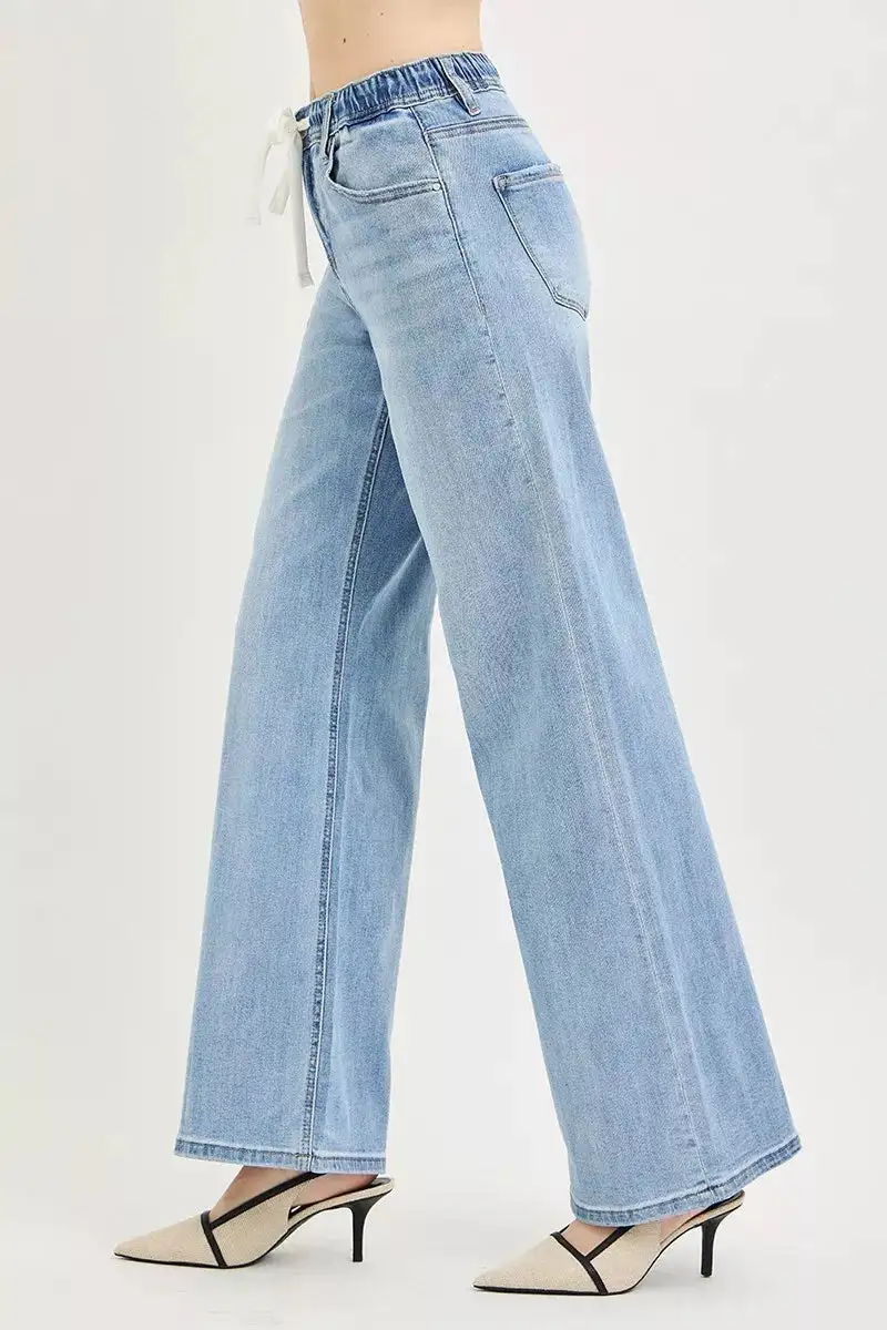 Drawstring Elastic Waist Wide Leg Jeans