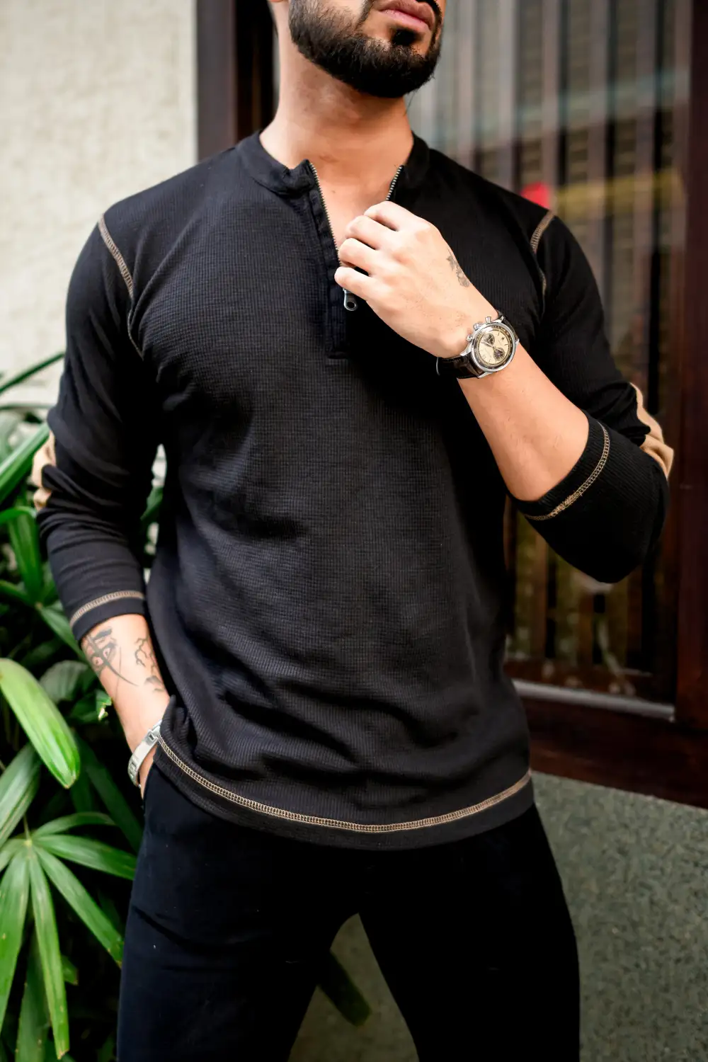 Black Contrast Collar Half-Zip Casual Shirt