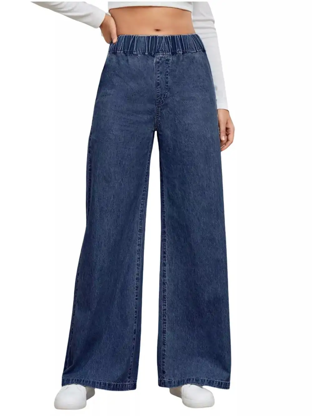 Wide Leg Elastic Waist Denim Jeans