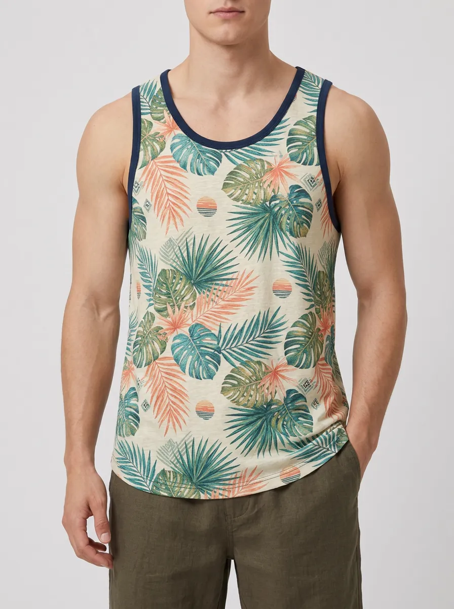 Men's Tropical Summer Vacation Palm Leaf Sunset Printed Tank Top