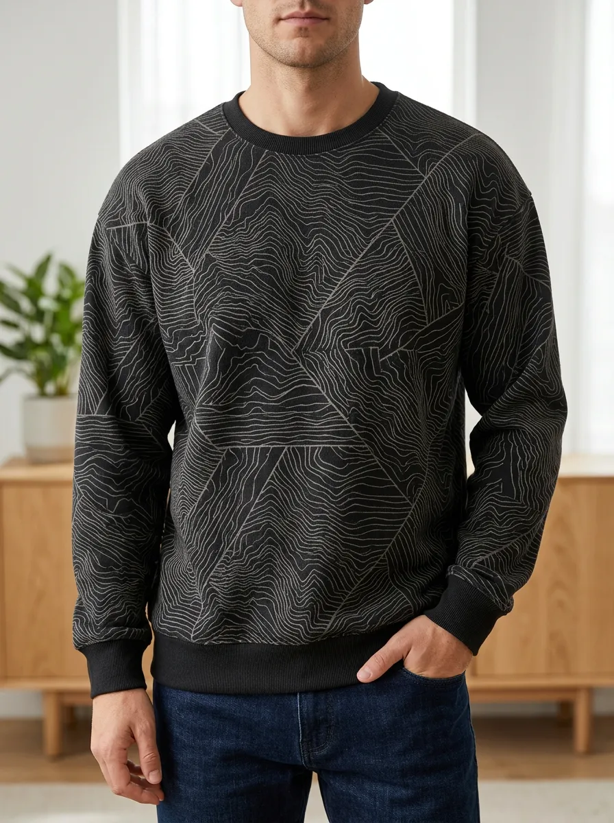 Men's Geometric Topographic Print Crewneck Sweatshirt Topographic