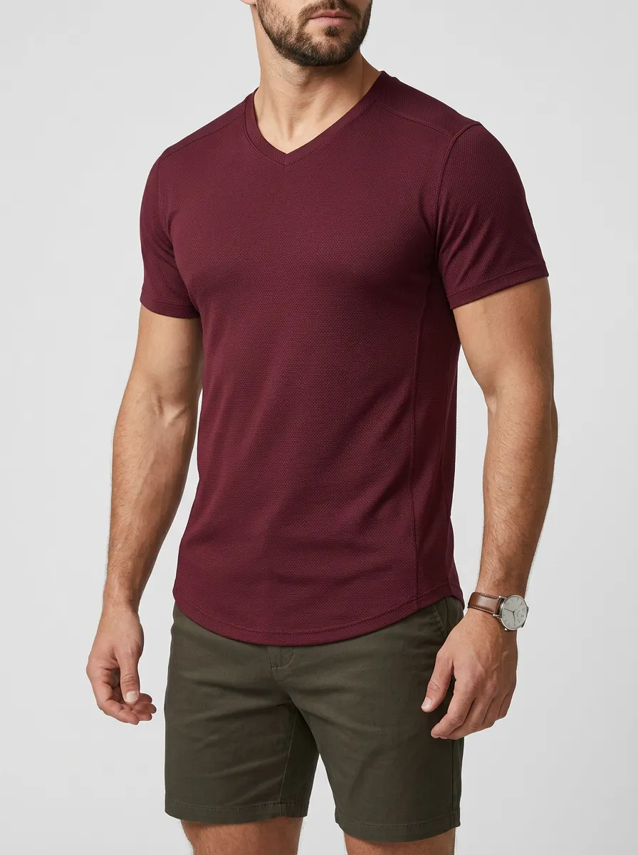 Refined Textured Curved Hem V-Neck Edit Men's Slim Fit Short Sleeve T-Shirt