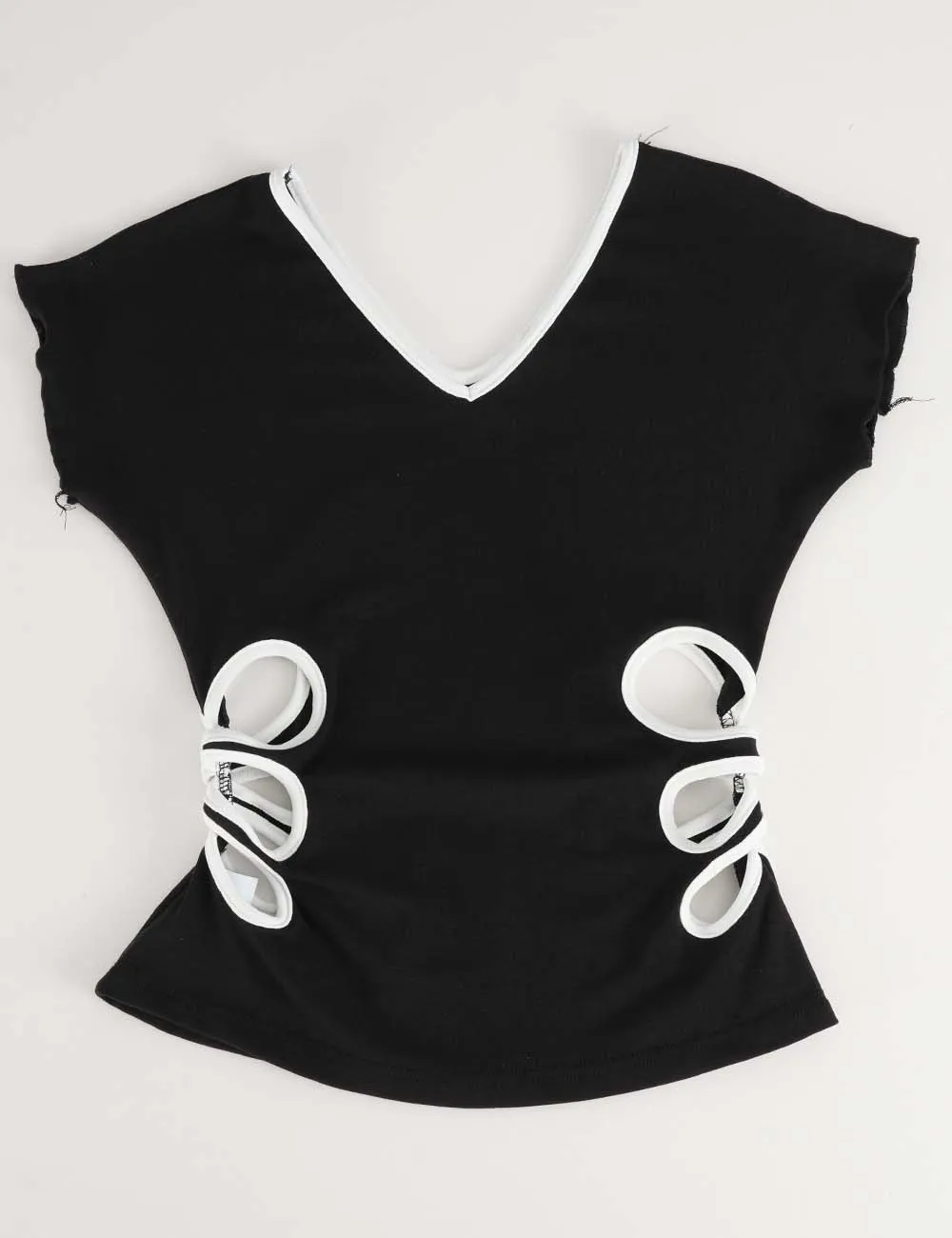 Color Block V Neck Side Cutout Short Sleeves T-shirt