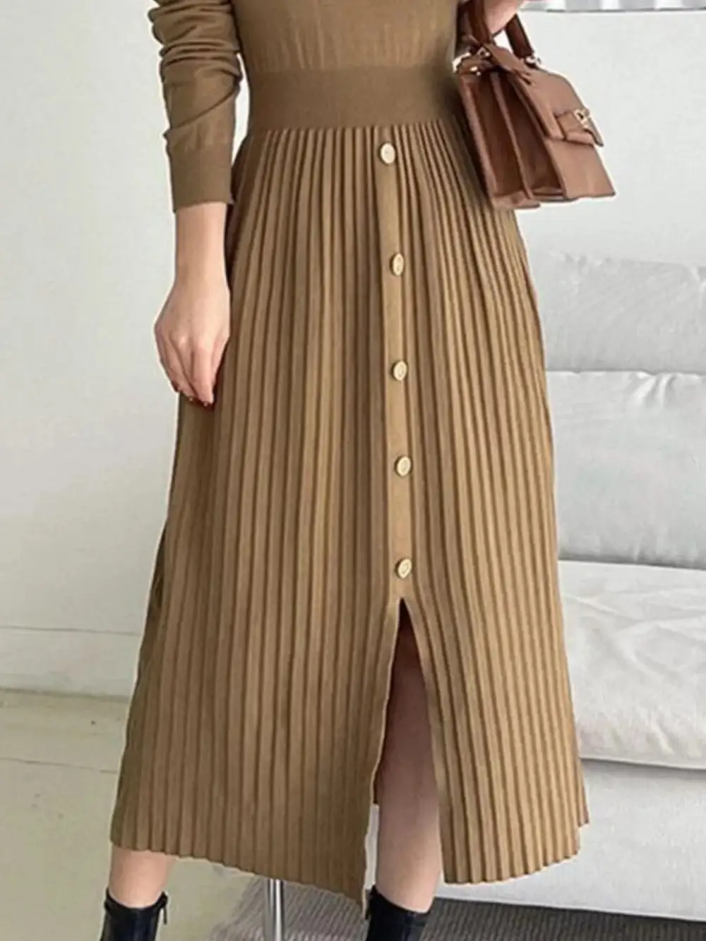 Knit Mock Neck Slit Sweater Dress