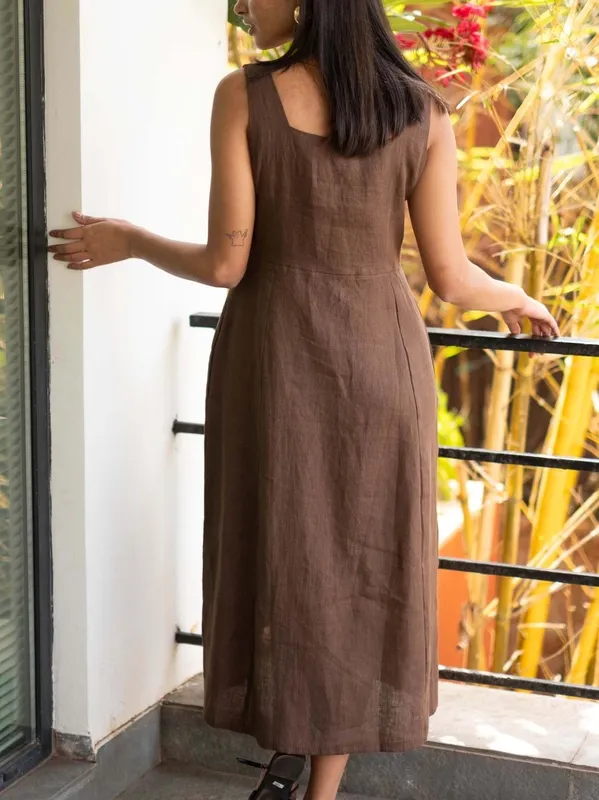 Brown Linen Square-Neck Midi Dress