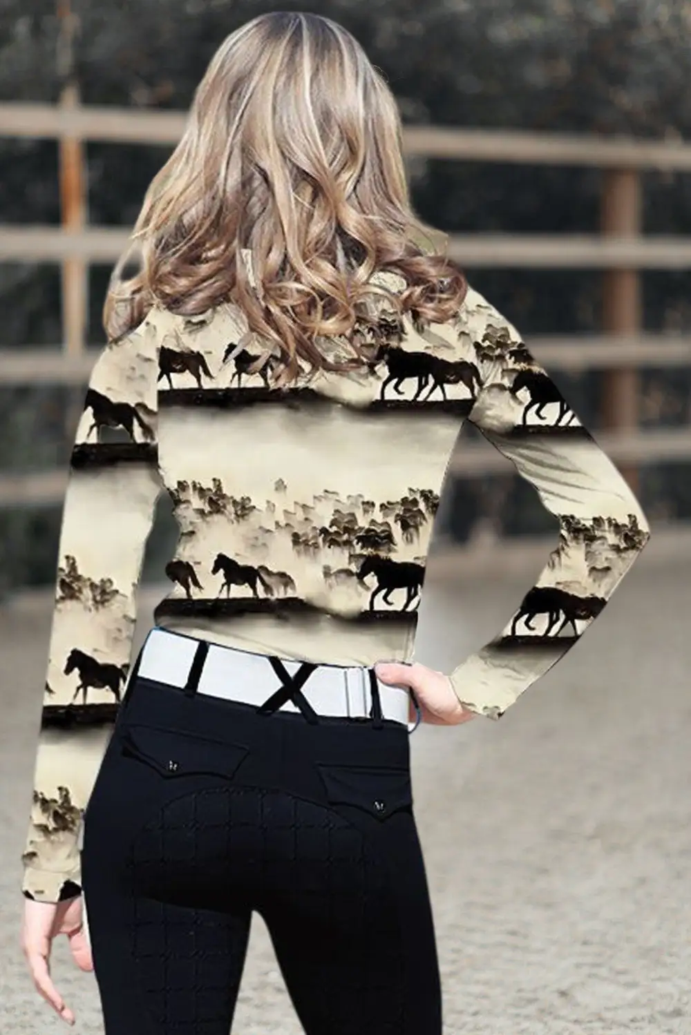 Women's Riding Style Horse Running Print Long Sleeve Casual Shirt