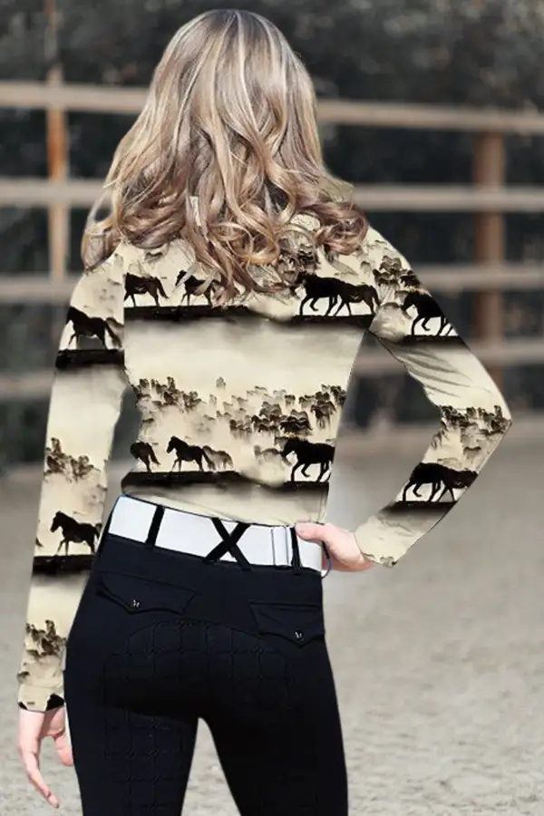 Women's Riding Style Horse Running Print Long Sleeve Casual Shirt