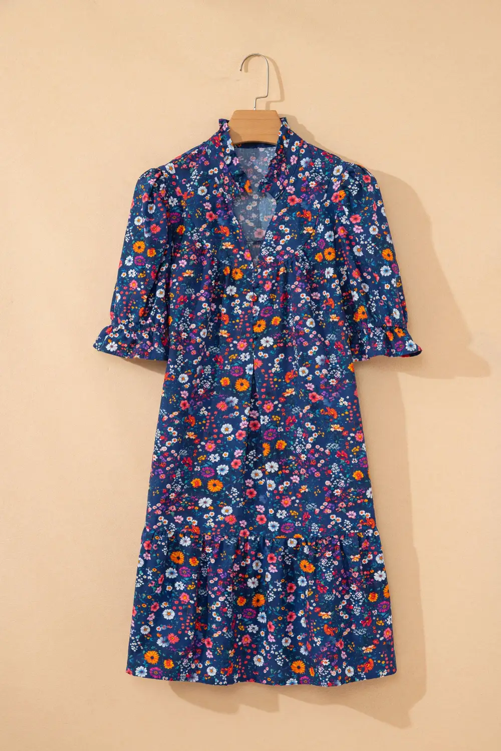 Polished Detail Floral Split Neck Puff Sleeve Mini Dress