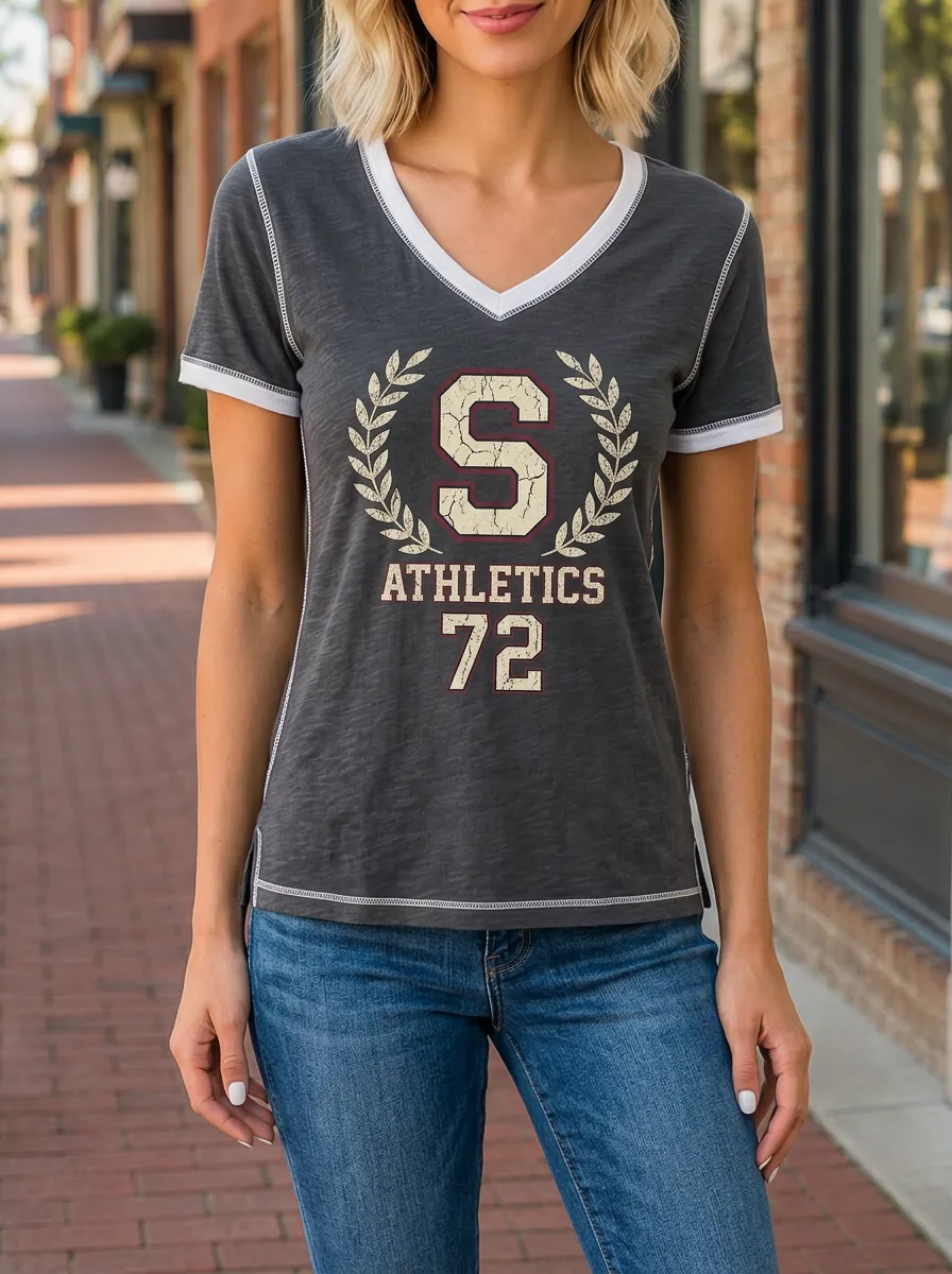 Women's Vintage Athletics 72 Laurel Wreath Printed V-Neck T-Shirt