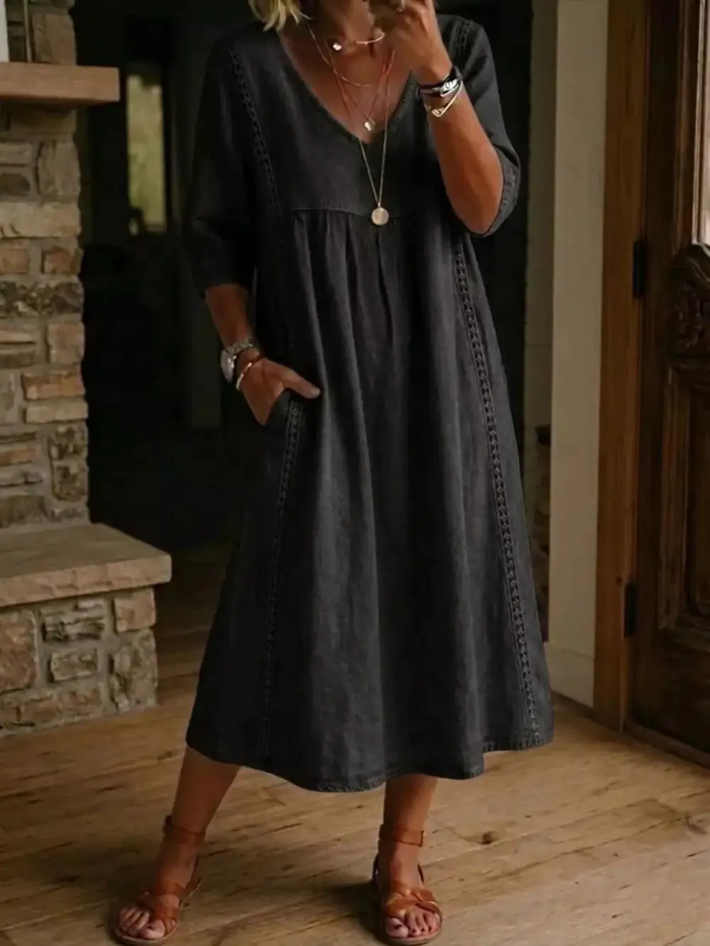 V-Neck Three Quarter Sleeve Pocketed Midi Dress