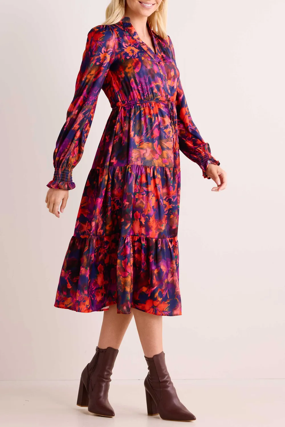 Purple Multicolored Print Flared Maxi Dress