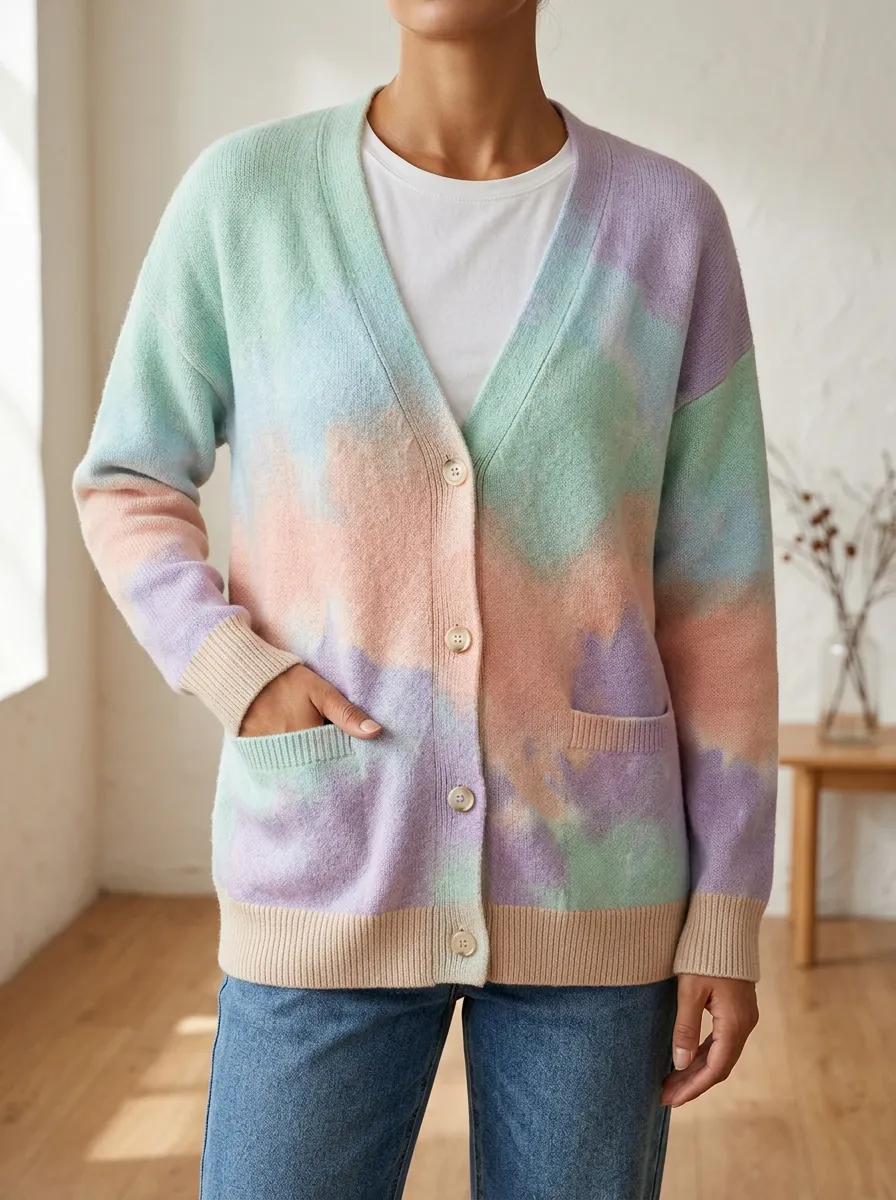 Women's Pastel Tie-Dye Pattern Printed V-Neck Easygoing Style Cardigan