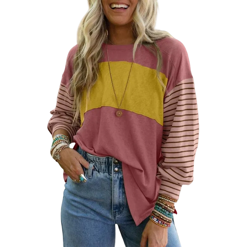 Long Sleeve Fall Tops Oversized 2025 Trendy Round Crew Neck Casual Color Block Womens Shirts Blouses