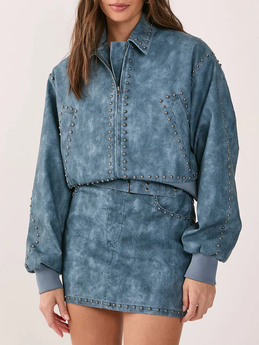 Lady'S Distressed-Style Rivet Leather Short Jacket