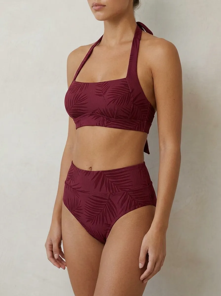 Women's Tropical Palm Leaf Burgundy Printed Bikini Set