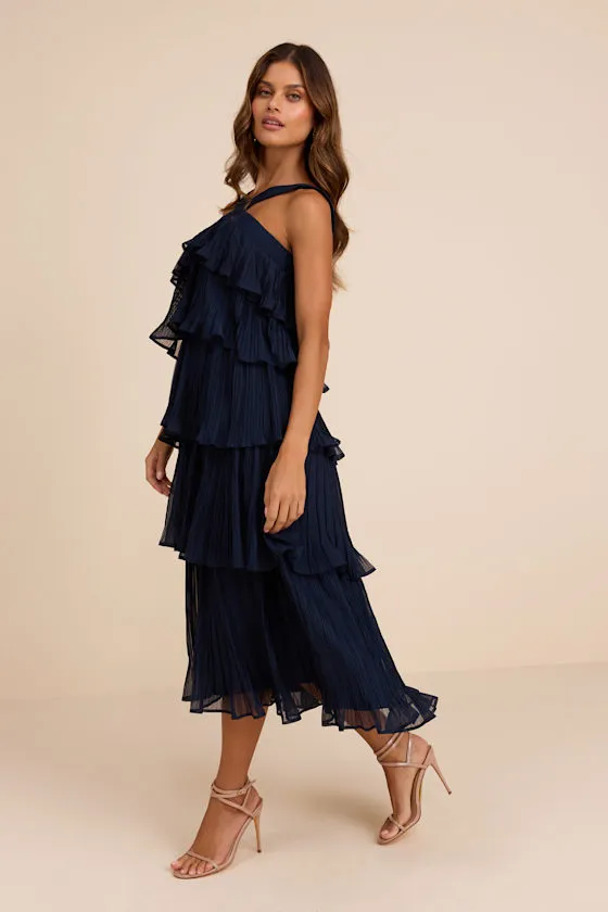 Lauretta Navy Plisse Tiered Midi Dress