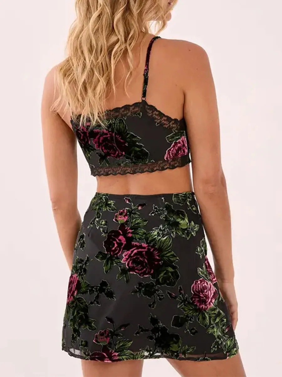 Women's Black Rose Print Lace Slit Mini Skirt